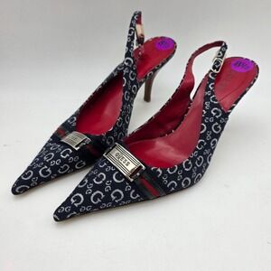 Guess Blue Monogram Pump Stiletto Heels Ankle Strap Y2K VTG Pointed Toe Sz  8.5